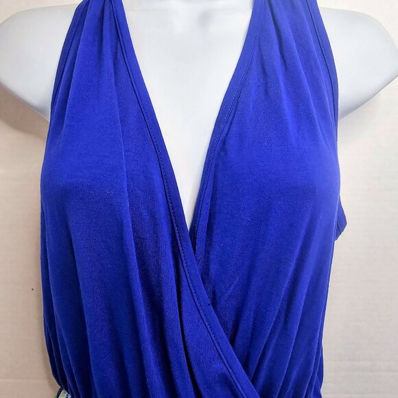 Y2K EMERALD SURPLICE ROMPER ROYAL BLUE KNIT CHEVRON SHORT SZ L 3" INSEAM - Picture 1 of 11